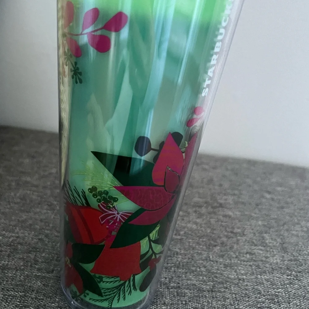 Starbucks Green Red Poinsettia Cold Tumbler 2021 Color Changing Holiday NO STRAW